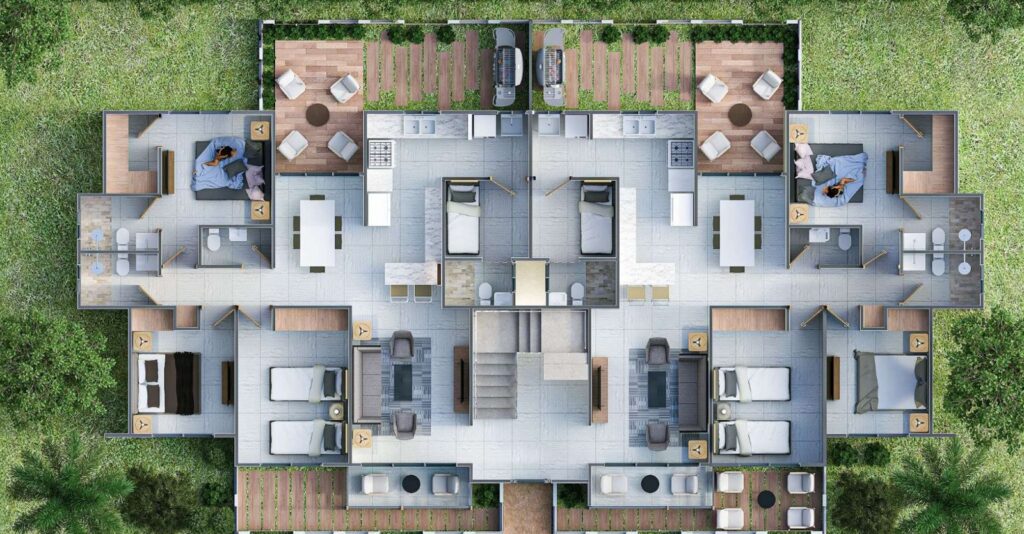 Plano del nivel 1 del Tipo A: sala-comedor, cocina, tres habitaciones, habitación de servicio, terraza frontal y patio